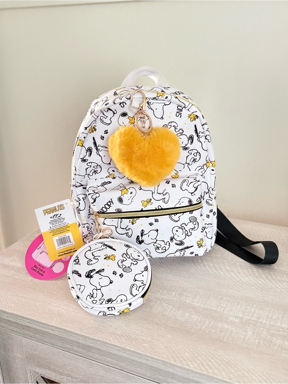 NWT Peanuts Snoopy Woodstock Mini Backpack 3 Pc Set Coin Purse Heart Charm - Picture 2 of 10